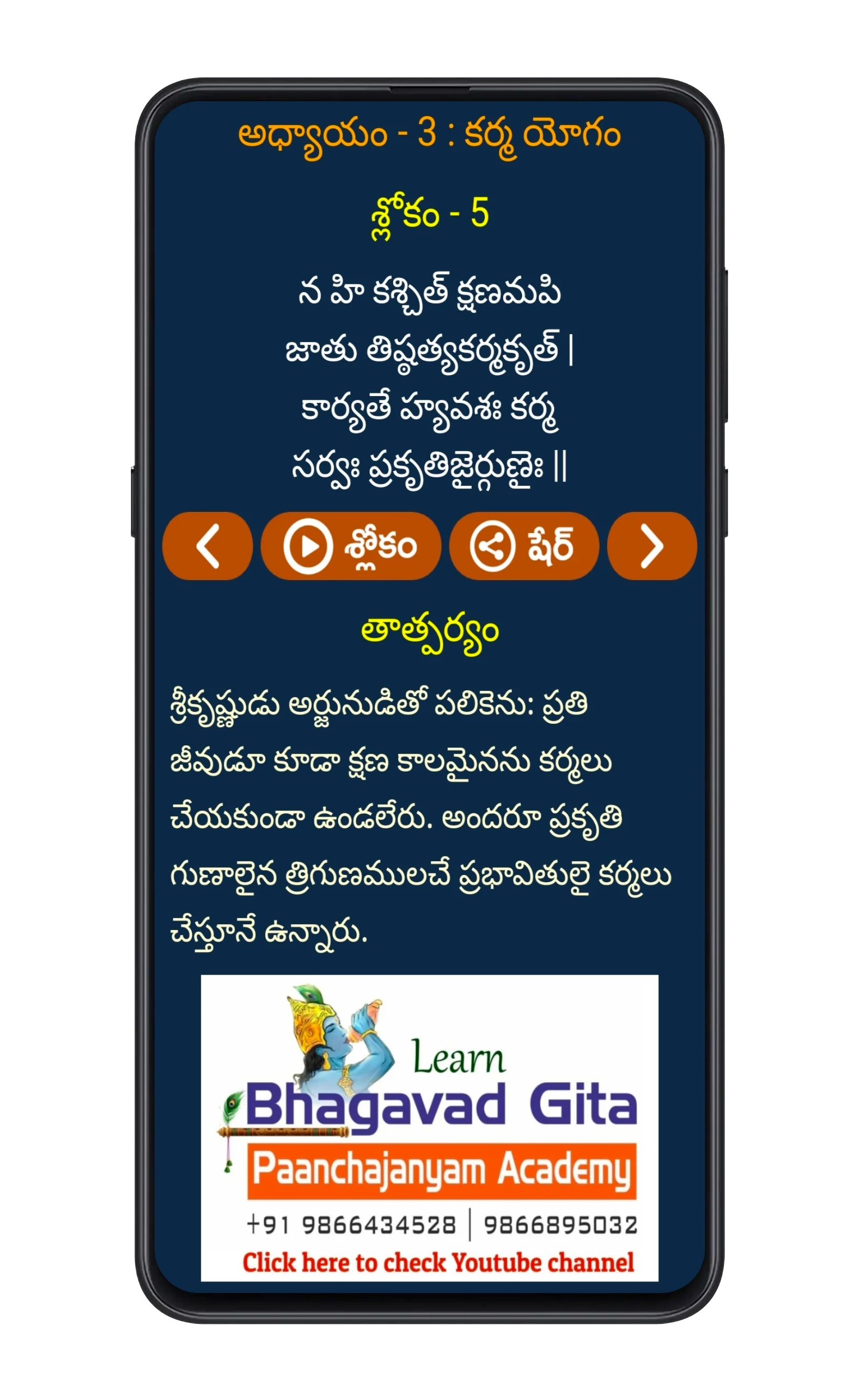 Bhagavad Gita audio slokas with meanings screen